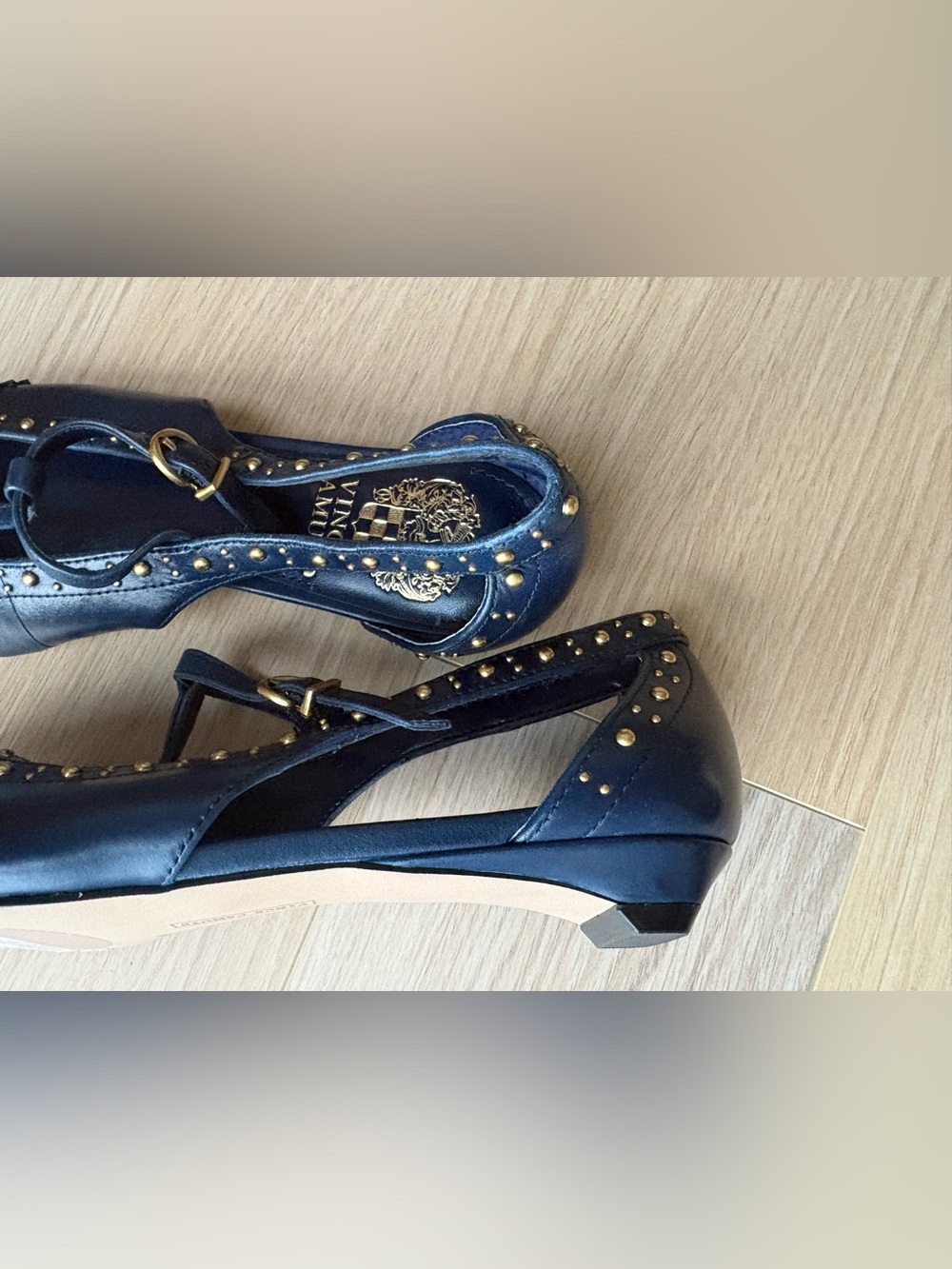 Navy Gold-Studded T-Strap Flats - Picture 4 of 5